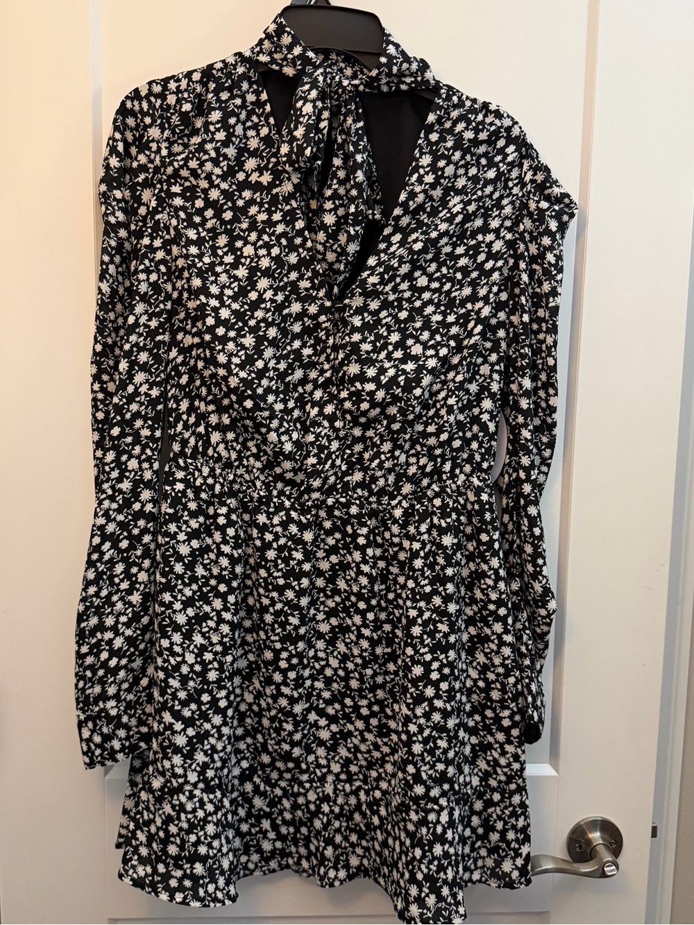 Black & White Floral Tie-Neck Long Sleeve Dress